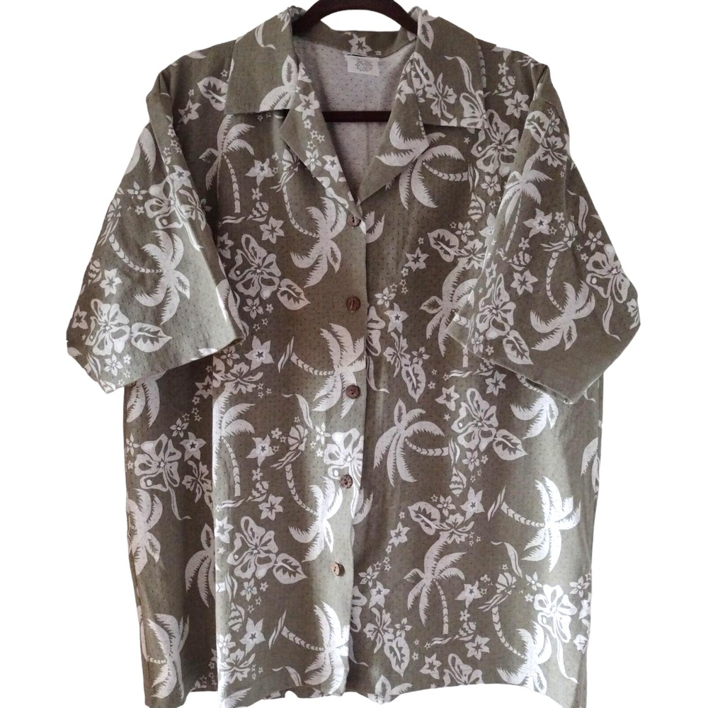 Wooden Dog Mens XL Hawaiian Shirt Olive Green Palm Tree Hibiscus Button Down USA